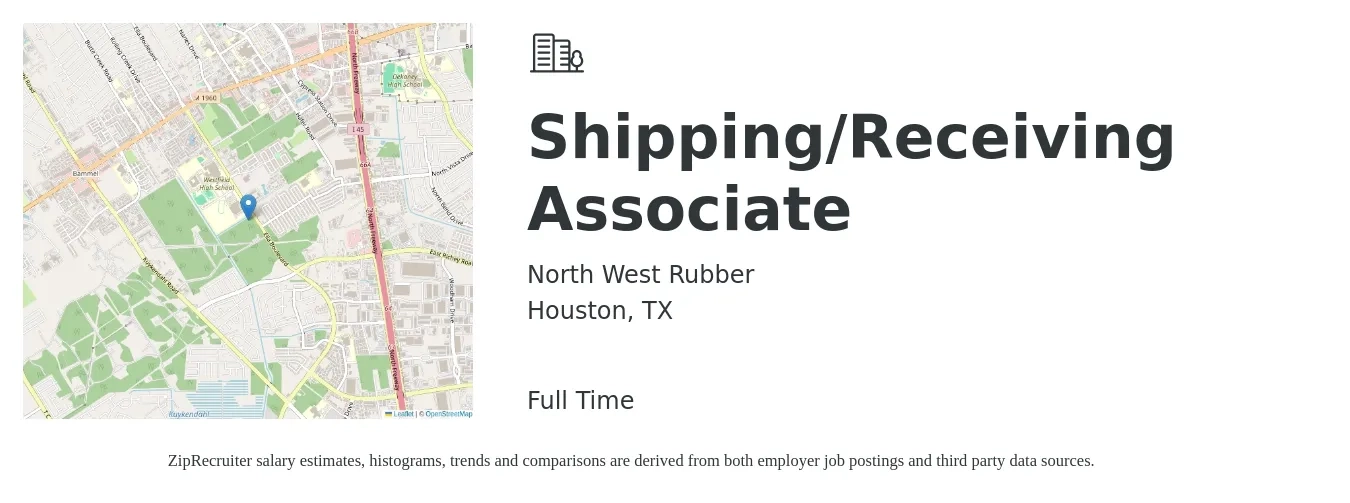 North West Rubber job posting for a Shipping/Receiving Associate in Houston, TX with a salary of $18 to $23 Hourly with a map of Houston location.