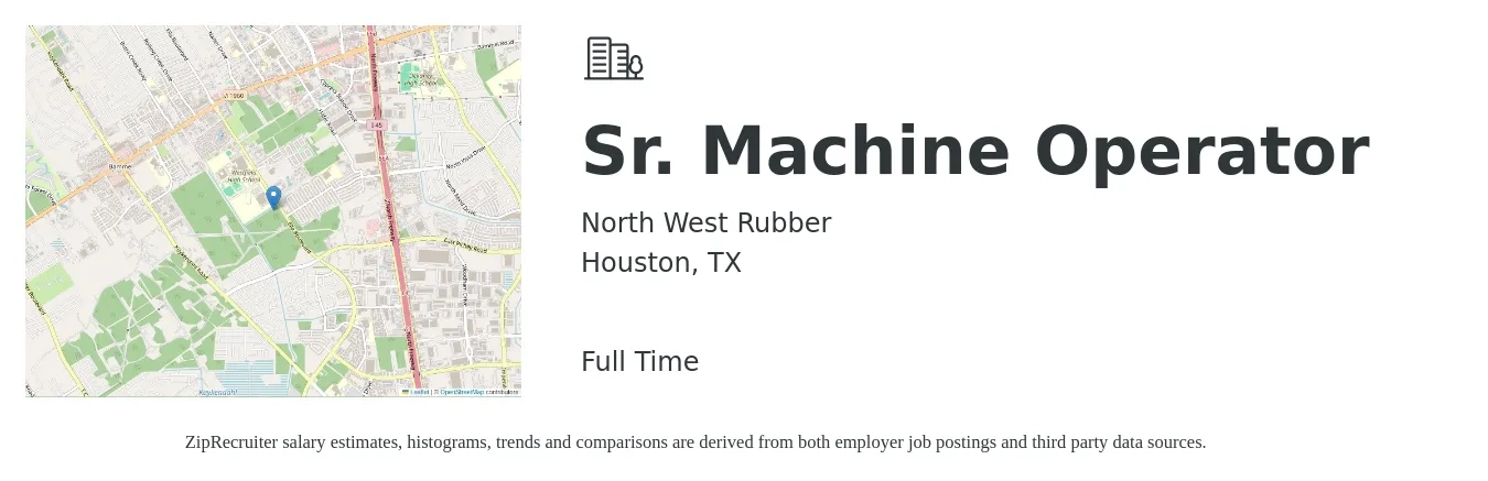 North West Rubber job posting for a Sr. Machine Operator in Houston, TX with a salary of $22 to $25 Hourly with a map of Houston location.