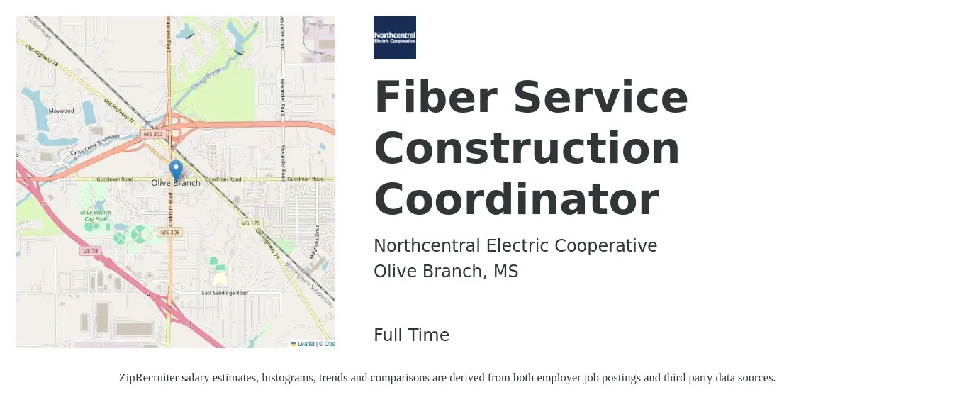 Northcentral Electric Cooperative job posting for a Fiber Service Construction Coordinator in Olive Branch, MS with a salary of $20 to $32 Hourly with a map of Olive Branch location.