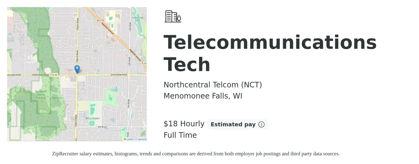 Northcentral Telcom (NCT) job posting for a Telecommunications Tech in Menomonee Falls, WI with a salary of $19 Hourly with a map of Menomonee Falls location.