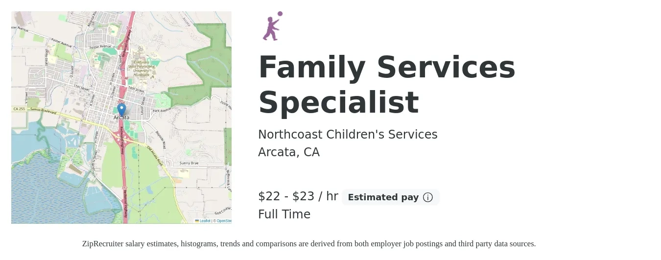 Northcoast Children's Services job posting for a Family Services Specialist in Arcata, CA with a salary of $23 to $24 Hourly with a map of Arcata location.