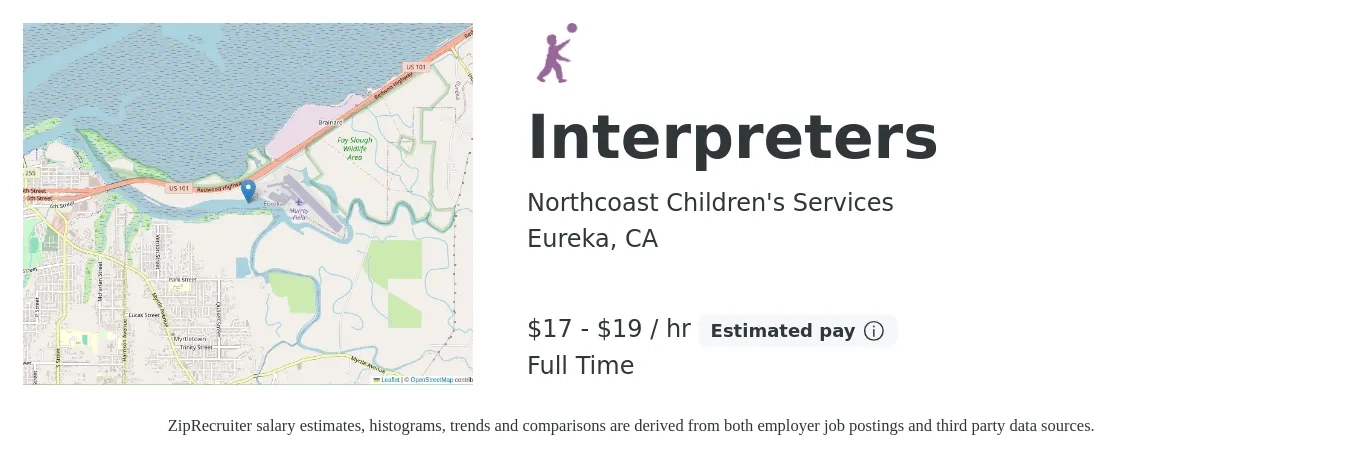 Northcoast Children's Services job posting for a Interpreters in Eureka, CA with a salary of $18 to $20 Hourly with a map of Eureka location.