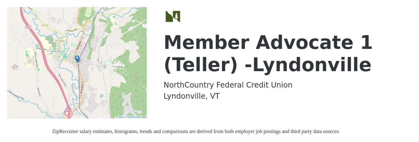 NorthCountry Federal Credit Union job posting for a Member Advocate 1 (Teller) -Lyndonville in Lyndonville, VT with a salary of $18 Hourly with a map of Lyndonville location.