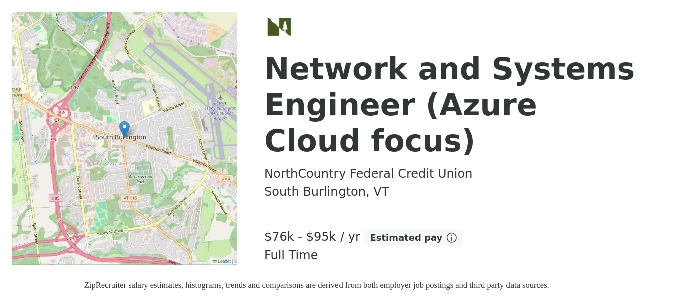 NorthCountry Federal Credit Union job posting for a Network and Systems Engineer (Azure Cloud focus) in South Burlington, VT with a salary of $76,000 to $95,000 Yearly with a map of South Burlington location.