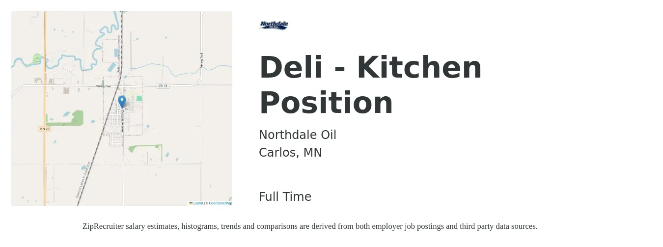 Northdale Oil job posting for a Deli - Kitchen Position in Carlos, MN with a salary of $37,400 to $60,000 Yearly with a map of Carlos location.