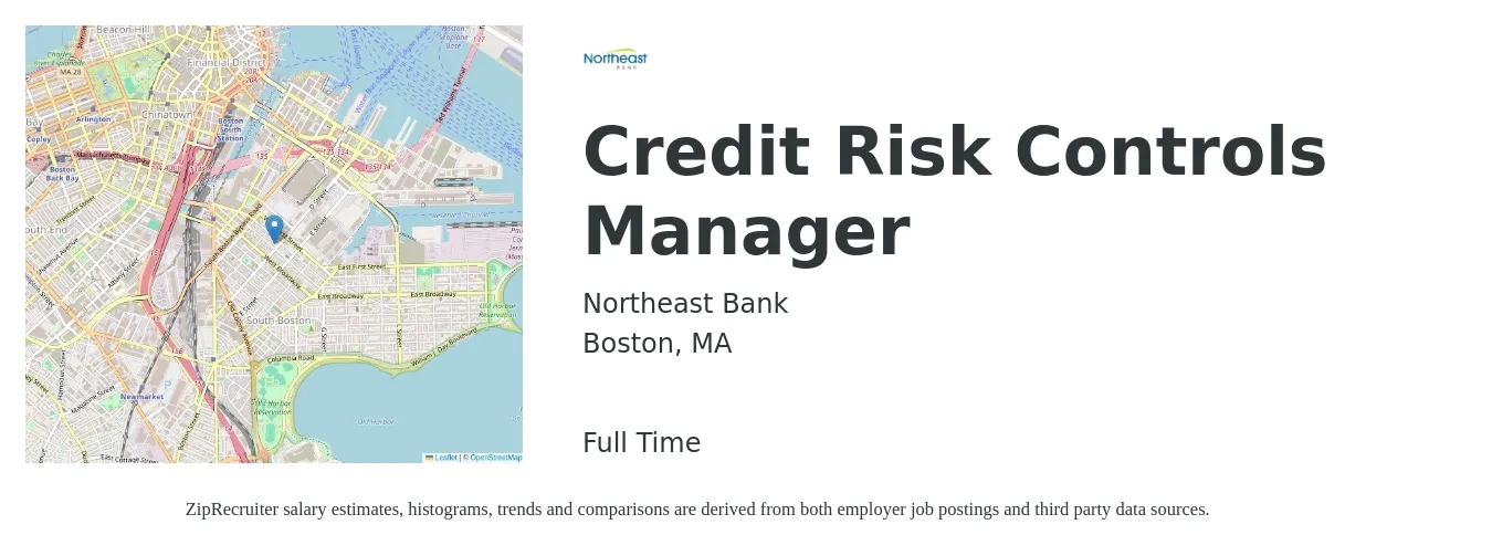 Northeast Bank job posting for a Credit Risk Controls Manager in Boston, MA with a salary of $145,200 to $193,100 Yearly with a map of Boston location.