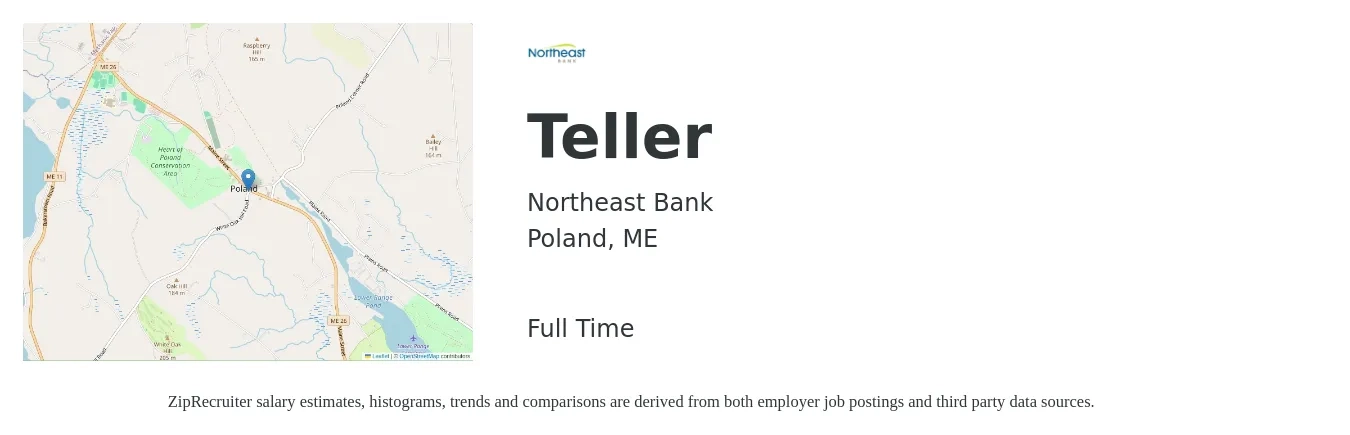 Northeast Bank job posting for a Teller in Poland, ME with a salary of $14 to $18 Hourly with a map of Poland location.