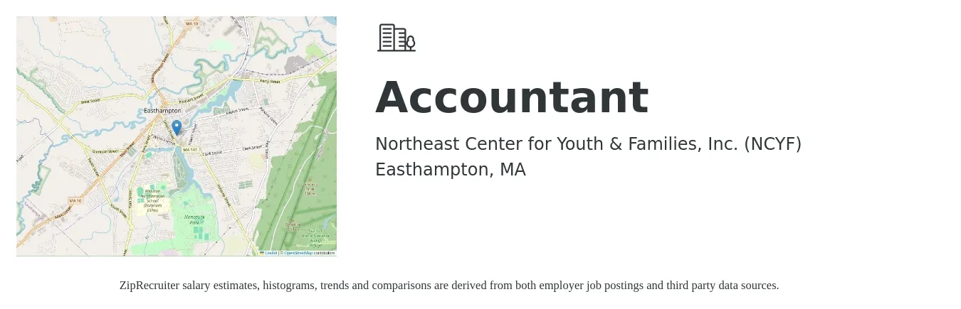 Northeast Center for Youth & Families, Inc. (NCYF) job posting for a Accountant in Easthampton, MA with a salary of $54,900 to $72,400 Yearly with a map of Easthampton location.