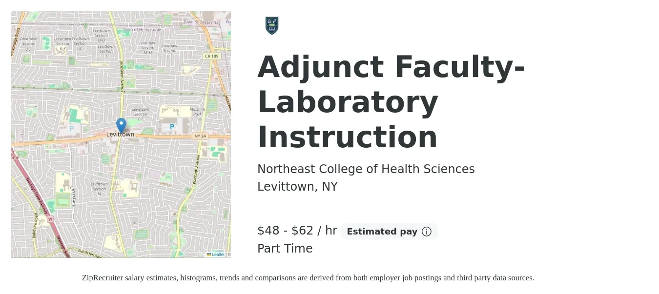 Northeast College of Health Sciences job posting for a Adjunct Faculty-Laboratory Instruction in Levittown, NY with a salary of $50 to $65 Hourly with a map of Levittown location.
