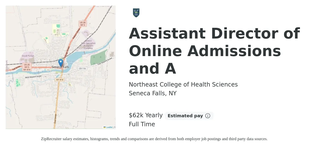 Northeast College of Health Sciences job posting for a Assistant Director of Online Admissions and A in Seneca Falls, NY with a salary of $62,500 Yearly with a map of Seneca Falls location.