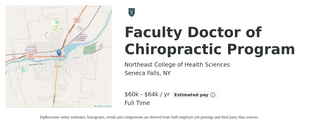 Northeast College of Health Sciences job posting for a Faculty Doctor of Chiropractic Program in Seneca Falls, NY with a salary of $60,000 to $65,000 Yearly with a map of Seneca Falls location.