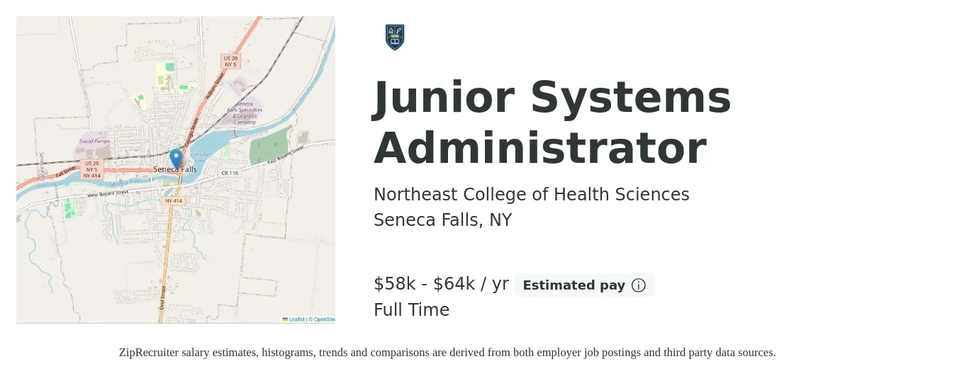 Northeast College of Health Sciences job posting for a Junior Systems Administrator in Seneca Falls, NY with a salary of $58,000 to $64,000 Yearly with a map of Seneca Falls location.