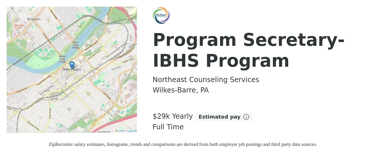 Northeast Counseling Services job posting for a Program Secretary- IBHS Program in Wilkes-Barre, PA with a salary of $29,120 Yearly with a map of Wilkes-Barre location.