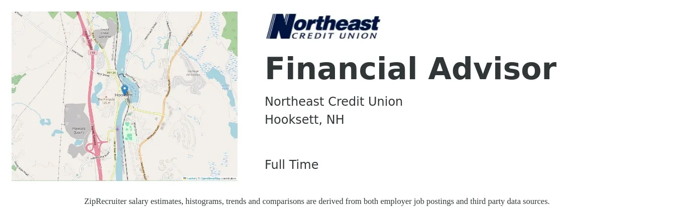 Northeast Credit Union job posting for a Financial Advisor in Hooksett, NH with a salary of $74,100 to $129,500 Yearly with a map of Hooksett location.