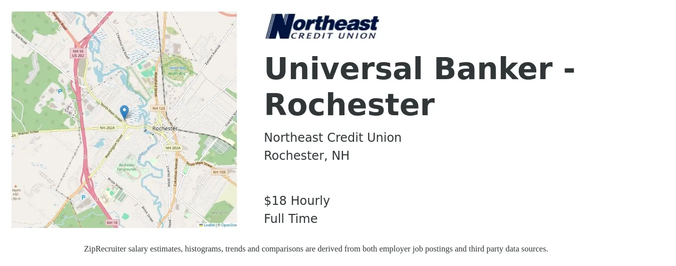 Northeast Credit Union job posting for a Universal Banker - Rochester in Rochester, NH with a salary of $19 Hourly with a map of Rochester location.