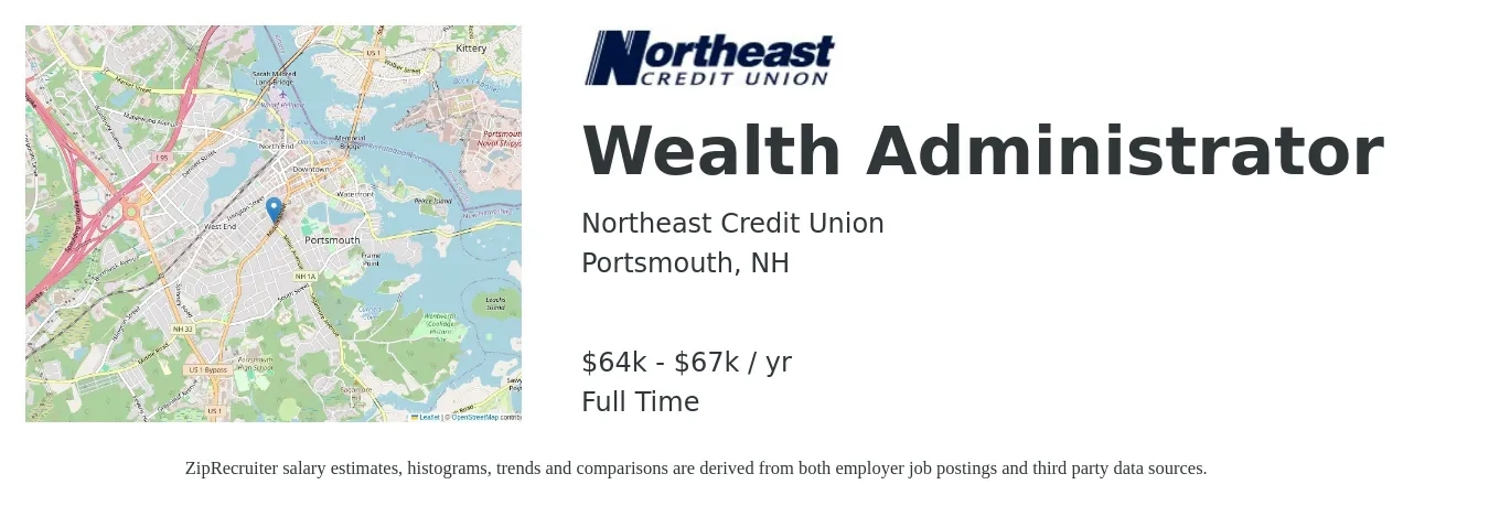 Northeast Credit Union job posting for a Wealth Administrator in Portsmouth, NH with a salary of $64,000 to $67,000 Yearly with a map of Portsmouth location.