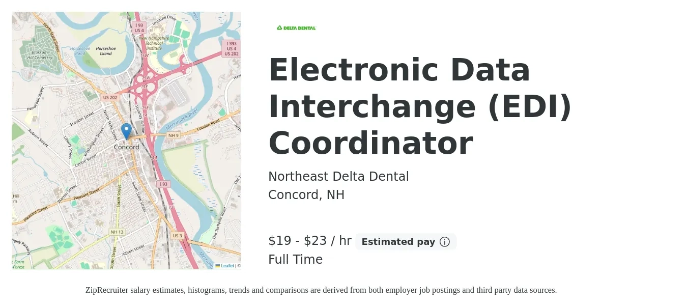 Northeast Delta Dental job posting for a Electronic Data Interchange (EDI) Coordinator in Concord, NH with a salary of $20 to $25 Hourly with a map of Concord location.