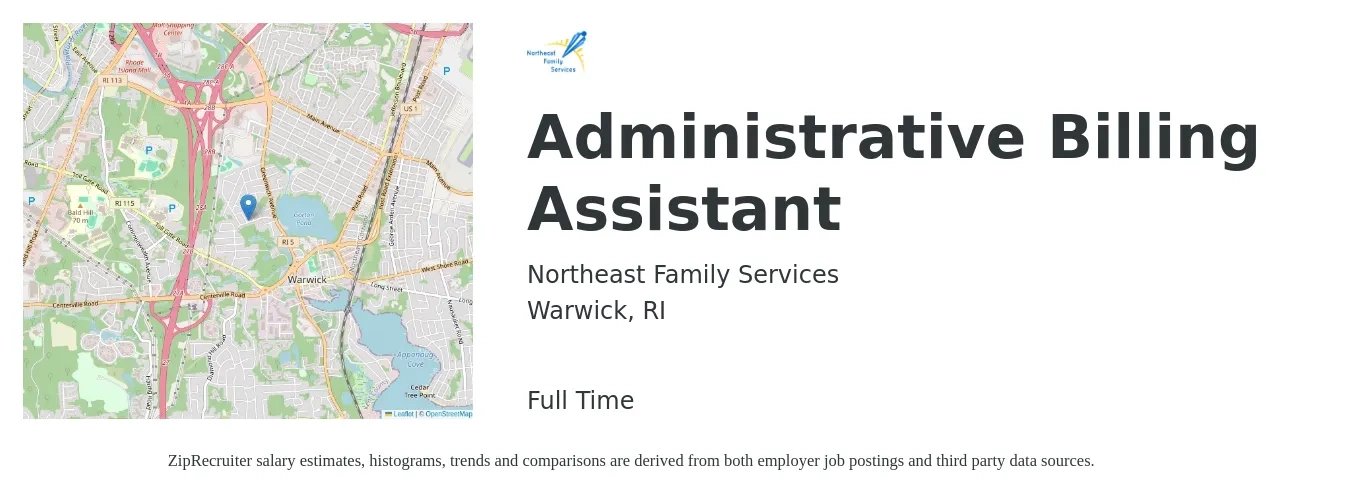 Northeast Family Services job posting for a Administrative Billing Assistant in Warwick, RI with a salary of $18 to $24 Hourly with a map of Warwick location.