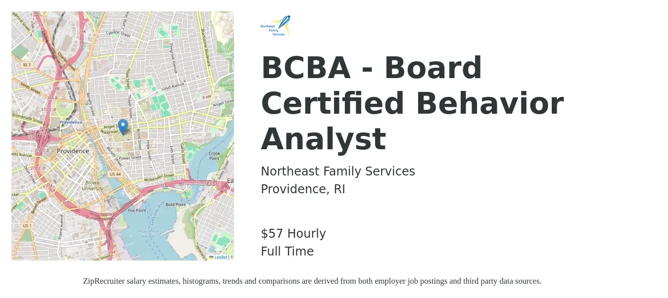 Northeast Family Services job posting for a BCBA - Board Certified Behavior Analyst in Providence, RI with a salary of $60 Hourly with a map of Providence location.