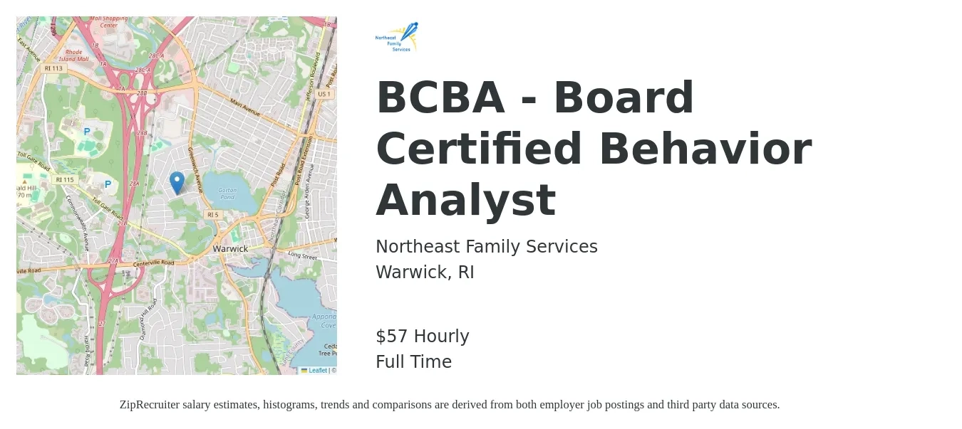 Northeast Family Services job posting for a BCBA - Board Certified Behavior Analyst in Warwick, RI with a salary of $60 Hourly with a map of Warwick location.