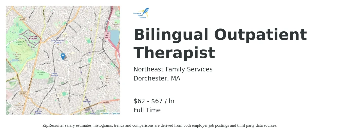 Northeast Family Services job posting for a Bilingual Outpatient Therapist in Dorchester, MA with a salary of $65 to $70 Hourly with a map of Dorchester location.