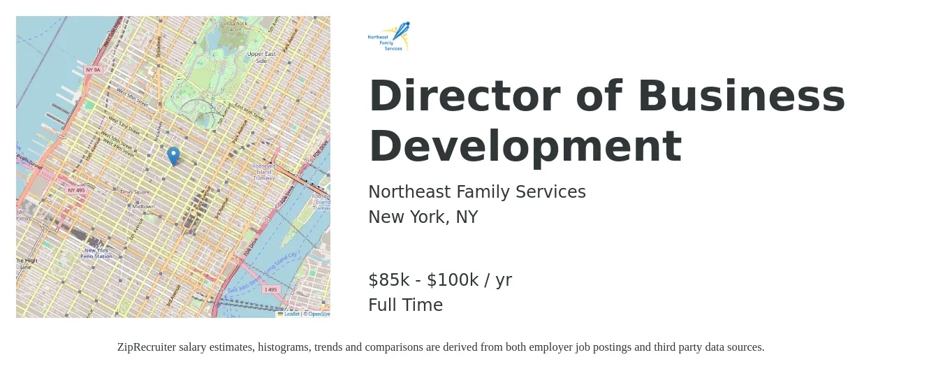Northeast Family Services job posting for a Director of Business Development in New York, NY with a salary of $85,000 to $100,000 Yearly with a map of New York location.