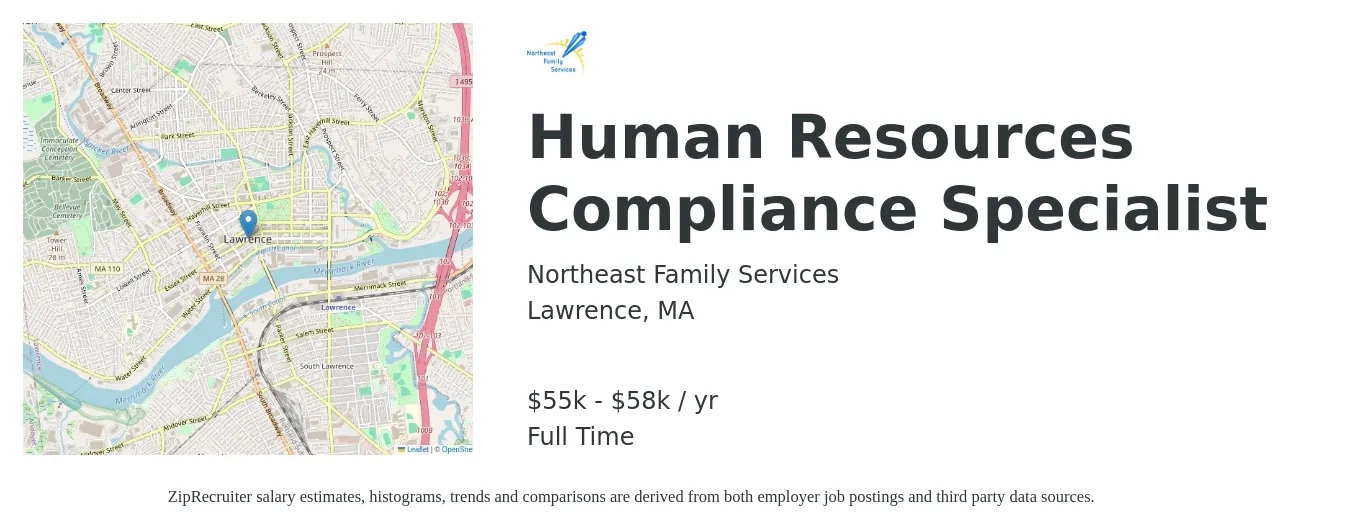 Northeast Family Services job posting for a Human Resources Compliance Specialist in Lawrence, MA with a salary of $55,000 to $58,000 Yearly with a map of Lawrence location.