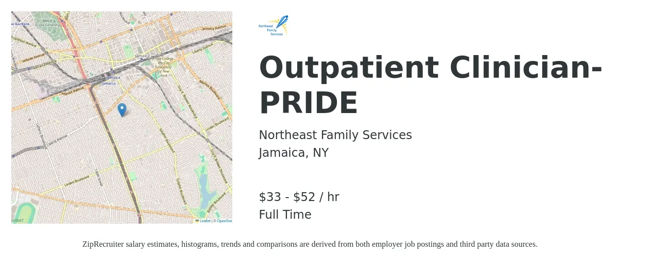 Northeast Family Services job posting for a Outpatient Clinician- PRIDE in Jamaica, NY with a salary of $35 to $55 Hourly with a map of Jamaica location.