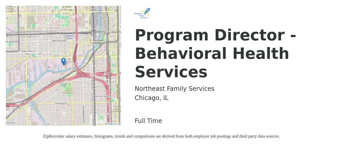 Northeast Family Services job posting for a Program Director - Behavioral Health Services in Chicago, IL with a salary of $54,600 to $95,400 Yearly with a map of Chicago location.