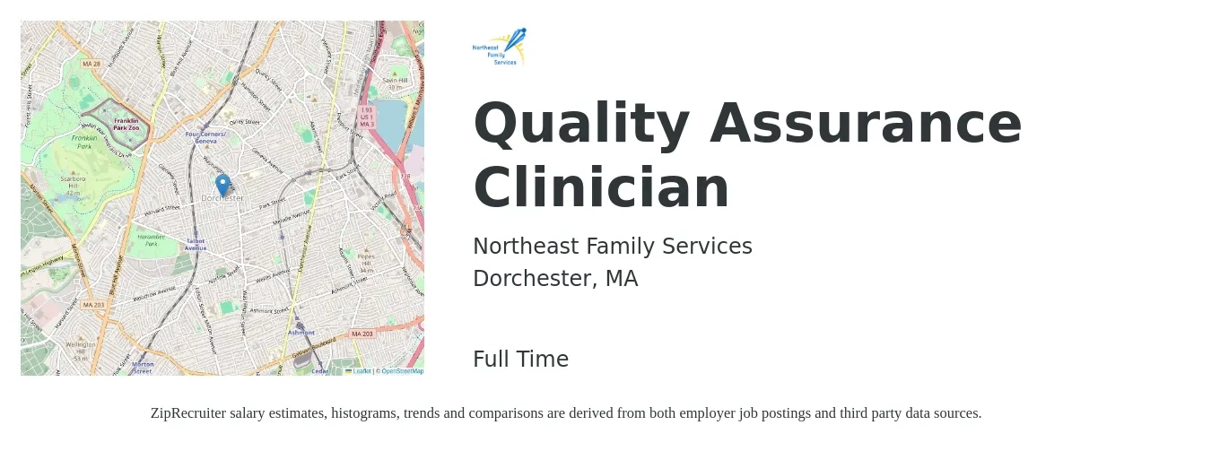 Northeast Family Services job posting for a Quality Assurance Clinician in Dorchester, MA with a salary of $23 to $33 Hourly with a map of Dorchester location.