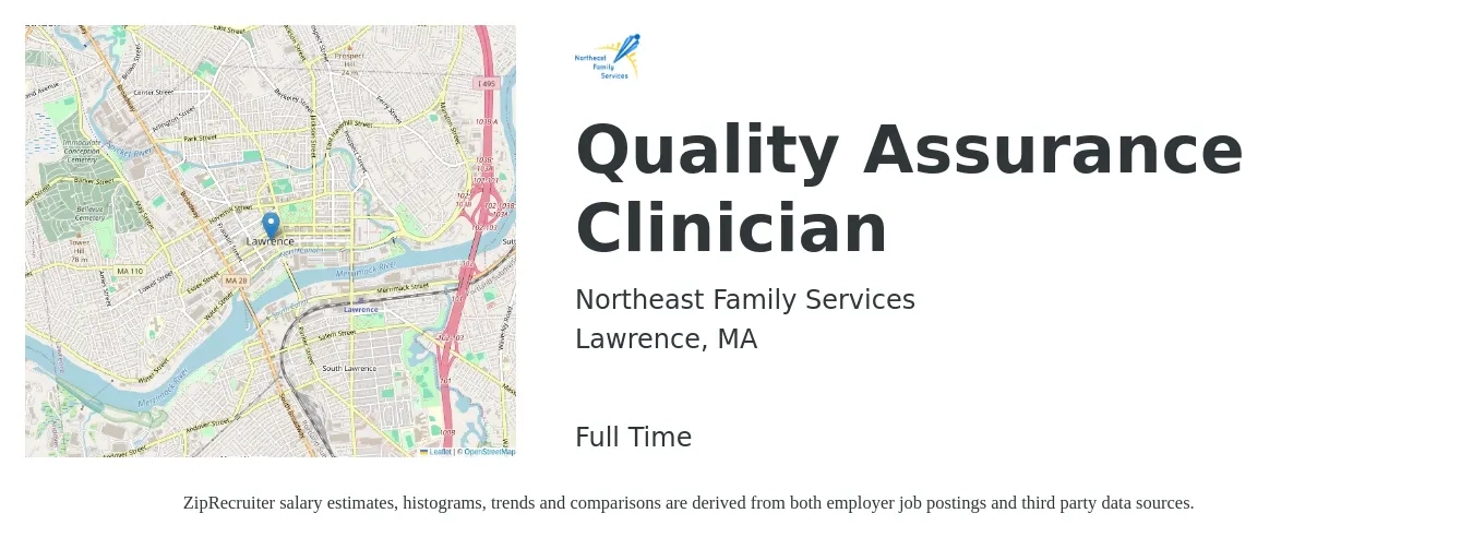 Northeast Family Services job posting for a Quality Assurance Clinician in Lawrence, MA with a salary of $23 to $33 Hourly with a map of Lawrence location.