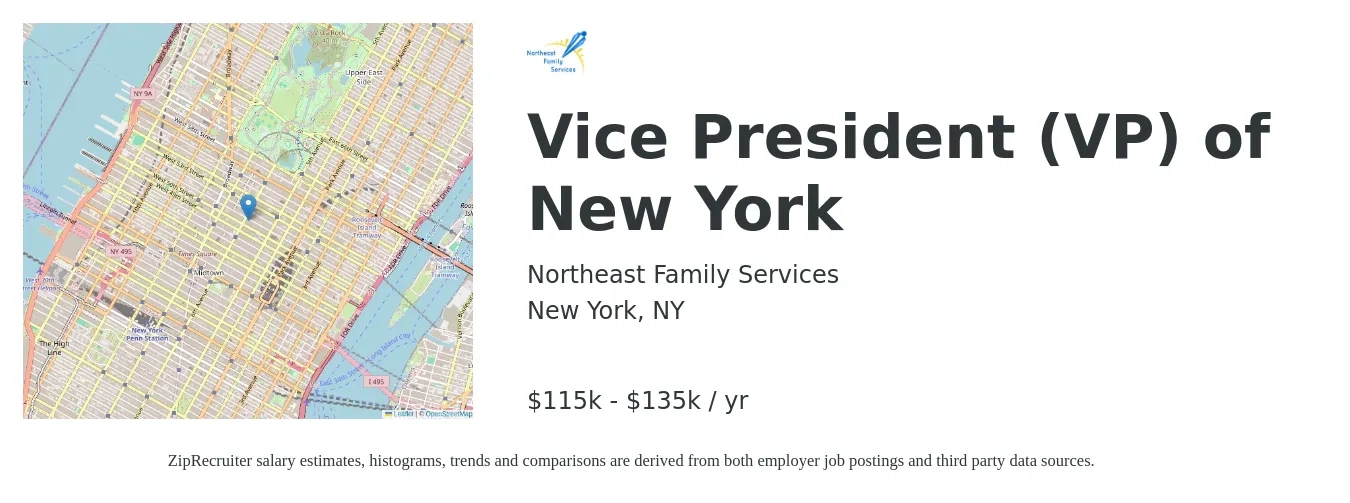 Northeast Family Services job posting for a Vice President (VP) of New York in New York, NY with a salary of $115,000 to $135,000 Yearly with a map of New York location.