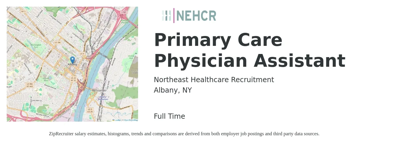 Northeast Healthcare Recruitment job posting for a Primary Care Physician Assistant in Albany, NY with a salary of $99,300 to $134,500 Yearly with a map of Albany location.
