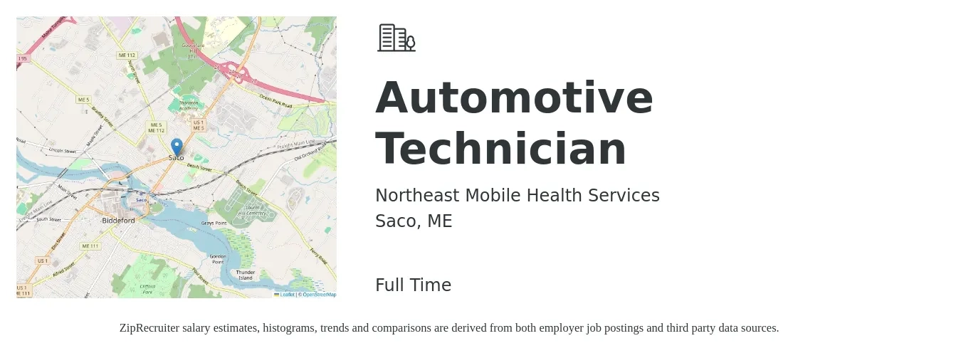 Northeast Mobile Health Services job posting for a Automotive Technician in Saco, ME with a salary of $23 to $36 Hourly with a map of Saco location.