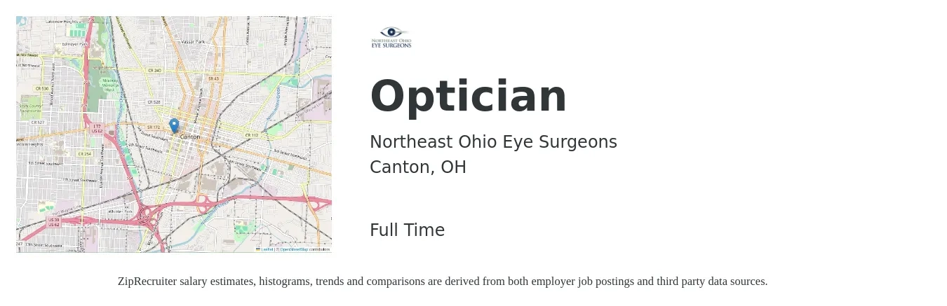 Northeast Ohio Eye Surgeons job posting for a Optician in Canton, OH with a salary of $16 to $21 Hourly with a map of Canton location.
