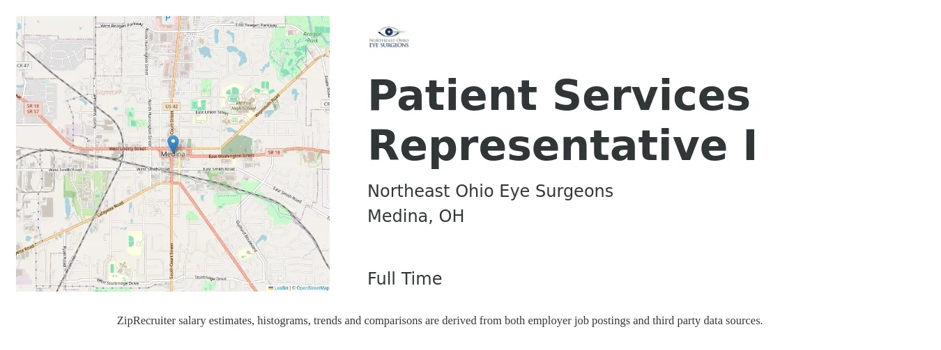 Northeast Ohio Eye Surgeons job posting for a Patient Services Representative I in Medina, OH with a salary of $16 to $20 Hourly with a map of Medina location.