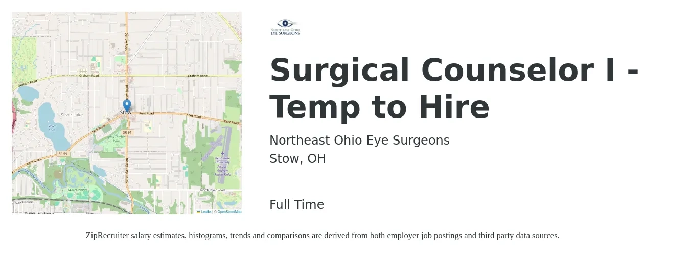 Northeast Ohio Eye Surgeons job posting for a Surgical Counselor I - Temp to Hire in Stow, OH with a salary of $1,340 to $2,200 Weekly with a map of Stow location.
