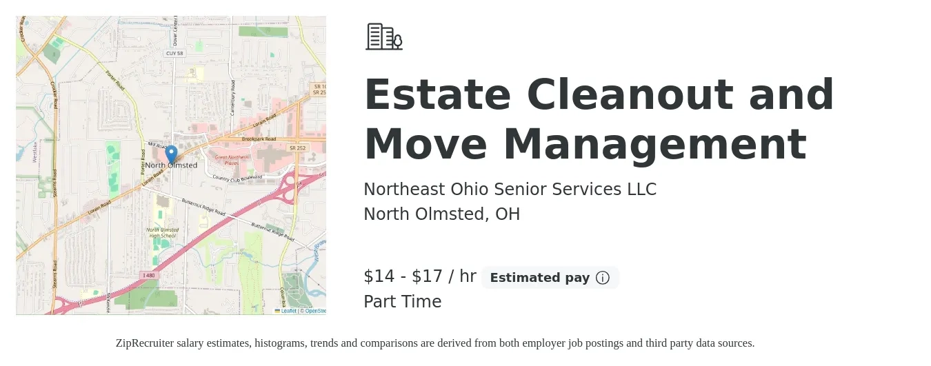 Northeast Ohio Senior Services LLC job posting for a Estate Cleanout and Move Management in North Olmsted, OH with a salary of $15 to $18 Hourly with a map of North Olmsted location.