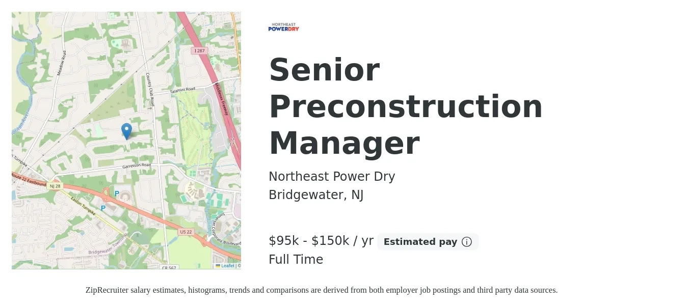 Northeast Power Dry job posting for a Senior Preconstruction Manager in Bridgewater, NJ with a salary of $95,000 to $150,000 Yearly with a map of Bridgewater location.
