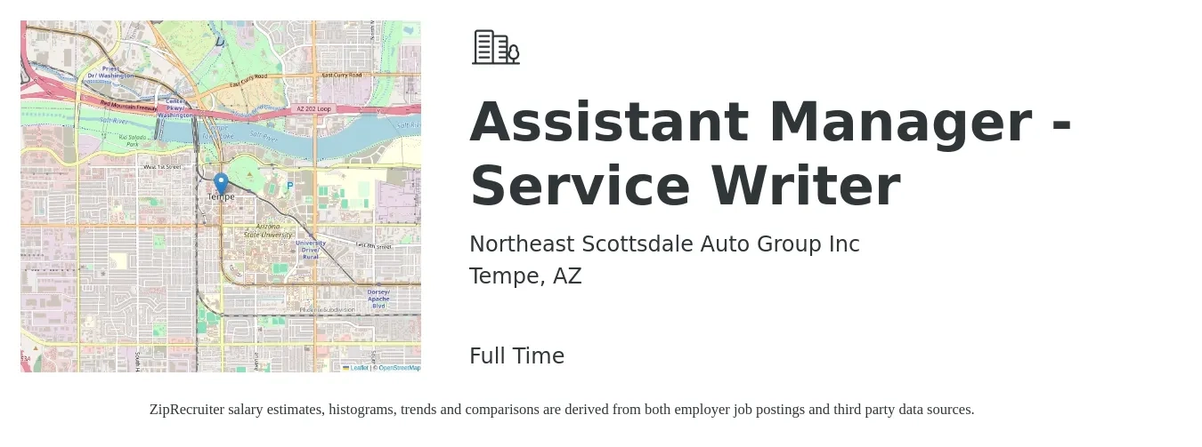 Northeast Scottsdale Auto Group Inc job posting for a Assistant Manager - Service Writer in Tempe, AZ with a salary of $41,600 to $67,000 Yearly with a map of Tempe location.