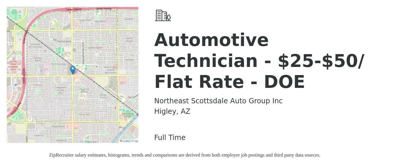 Northeast Scottsdale Auto Group Inc job posting for a Automotive Technician - $25-$50/ Flat Rate - DOE in Higley, AZ with a salary of $21 to $34 Hourly with a map of Higley location.