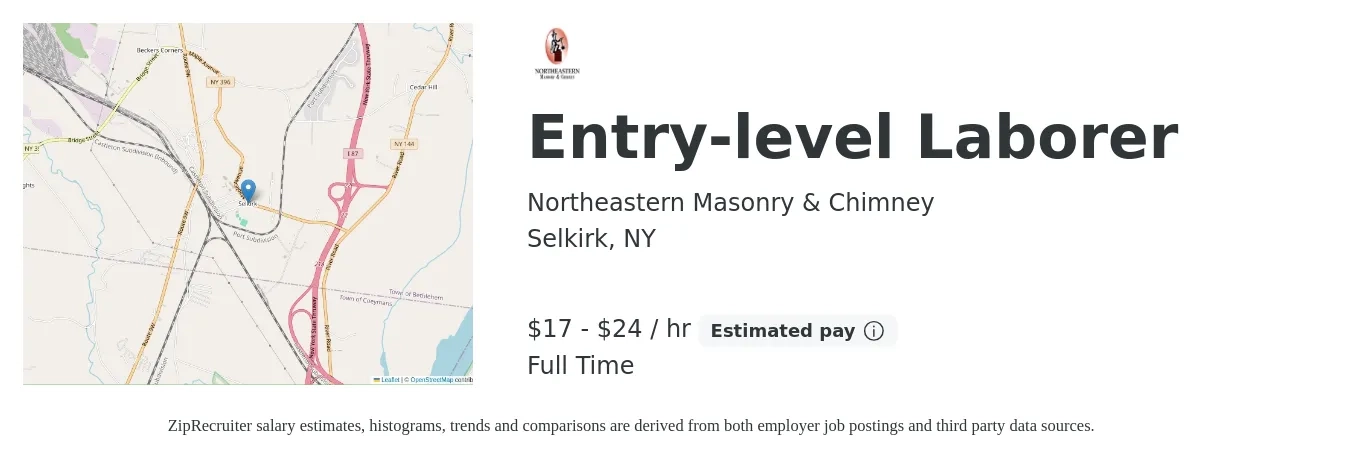 Northeastern Masonry & Chimney job posting for a Entry-level Laborer in Selkirk, NY with a salary of $18 to $25 Hourly with a map of Selkirk location.