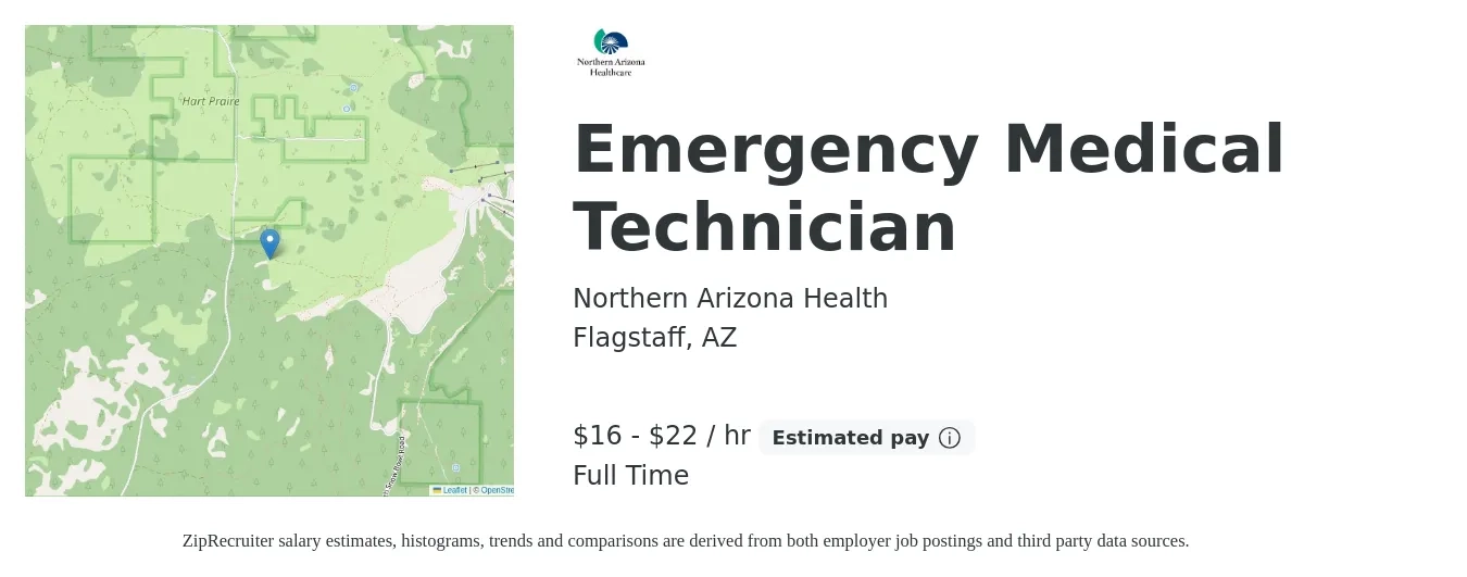 Northern Arizona Health job posting for a Emergency Medical Technician in Flagstaff, AZ with a salary of $17 to $23 Hourly with a map of Flagstaff location.