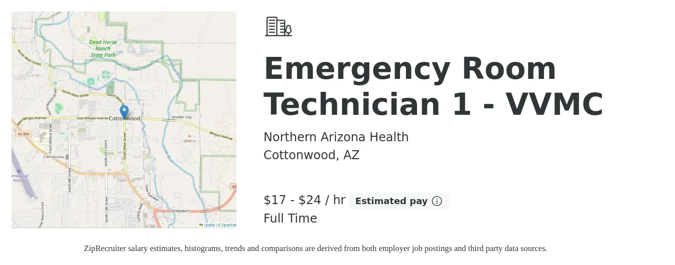 Northern Arizona Health job posting for a Emergency Room Technician 1 - VVMC in Cottonwood, AZ with a salary of $18 to $26 Hourly with a map of Cottonwood location.