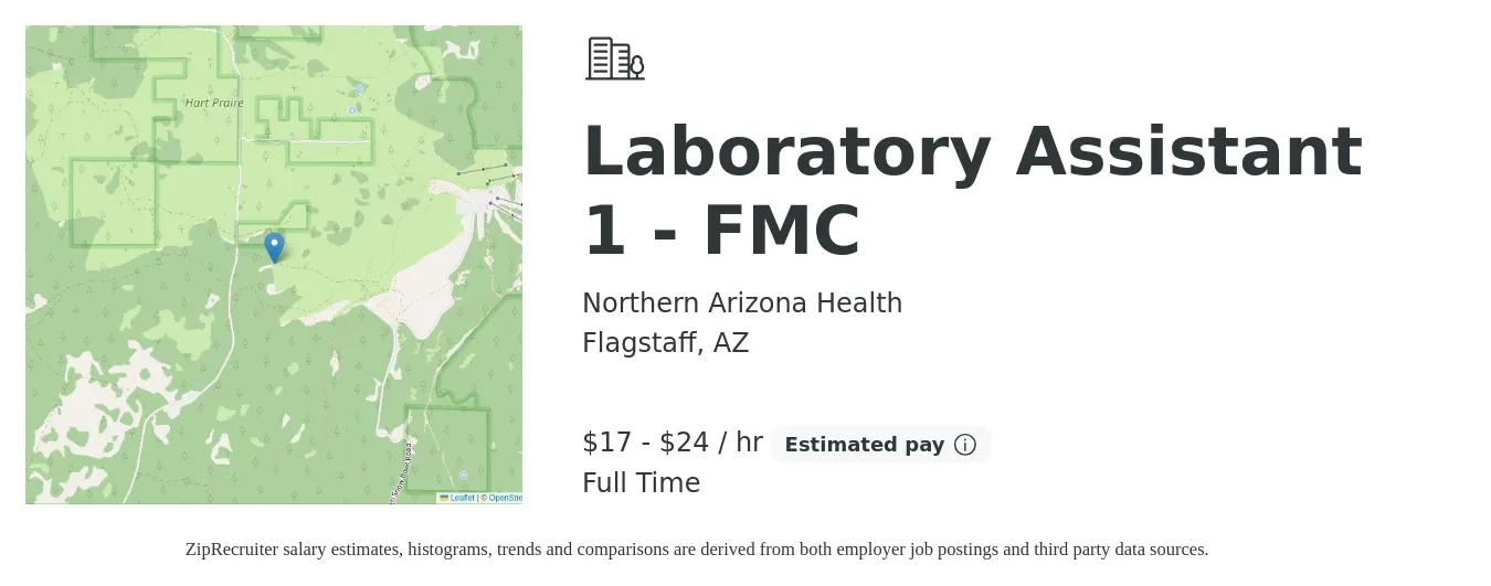 Northern Arizona Health job posting for a Laboratory Assistant 1 - FMC in Flagstaff, AZ with a salary of $18 to $26 Hourly with a map of Flagstaff location.