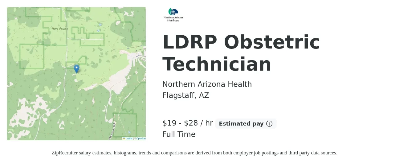 Northern Arizona Health job posting for a LDRP Obstetric Technician in Flagstaff, AZ with a salary of $20 to $30 Hourly with a map of Flagstaff location.