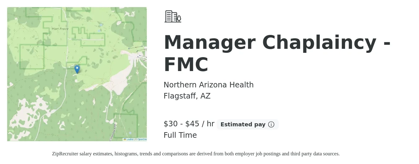 Northern Arizona Health job posting for a Manager Chaplaincy - FMC in Flagstaff, AZ with a salary of $31 to $47 Hourly with a map of Flagstaff location.