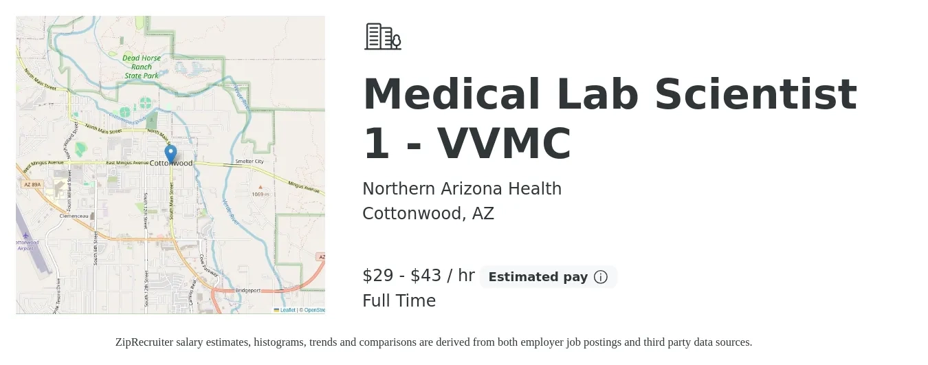 Northern Arizona Health job posting for a Medical Lab Scientist 1 - VVMC in Cottonwood, AZ with a salary of $30 to $46 Hourly with a map of Cottonwood location.