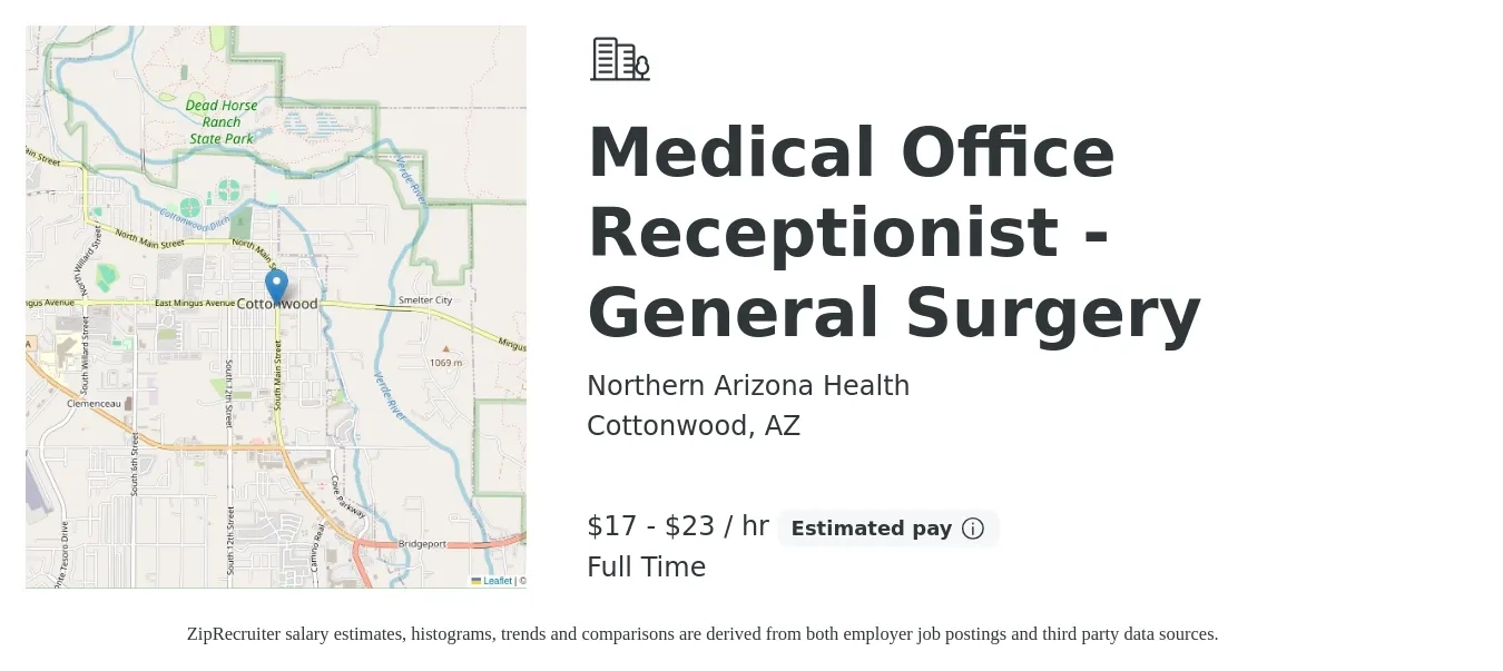 Northern Arizona Health job posting for a Medical Office Receptionist - General Surgery in Cottonwood, AZ with a salary of $18 to $25 Hourly with a map of Cottonwood location.