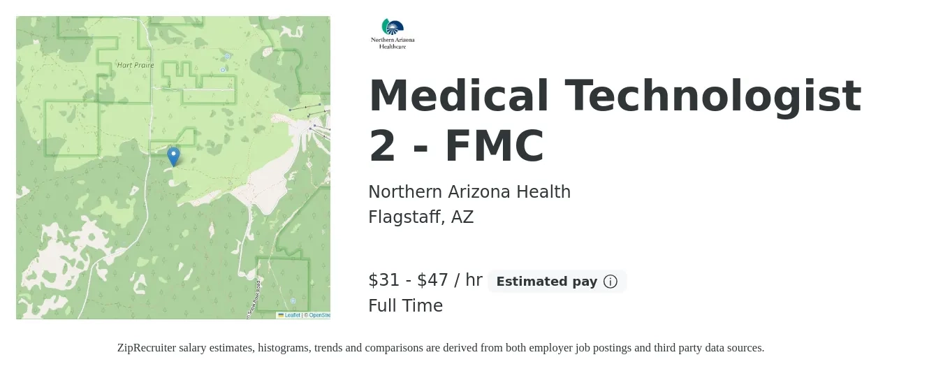 Northern Arizona Health job posting for a Medical Technologist 2 - FMC in Flagstaff, AZ with a salary of $33 to $49 Hourly with a map of Flagstaff location.